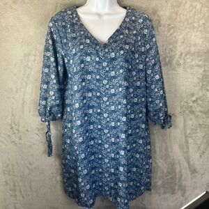 Wrapper Womens Blue Floral 3/4 Tie Sleeve Shift Dress Size M Cottagecore Boho